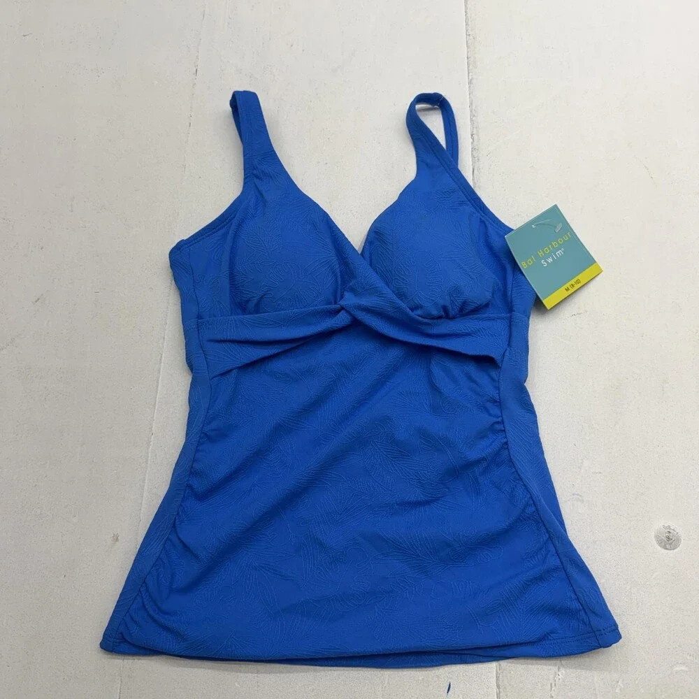 Bal Harbour Swim Tankini Swim Top Womens M Blue Floral Padded Lined Stretch